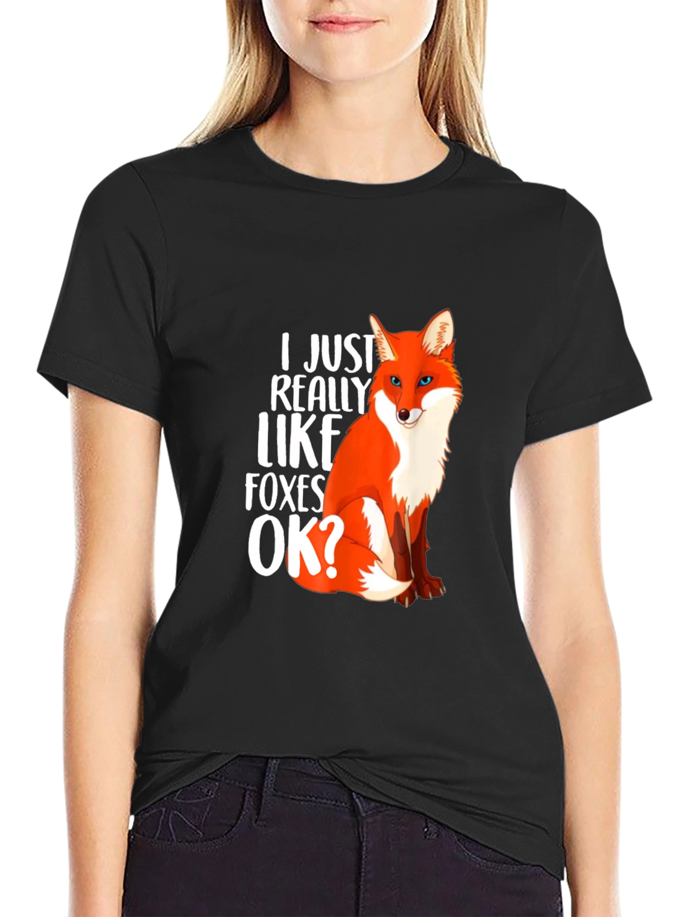 Black I Just Really Like Foxes OK? Graphic T-Shirt view 2