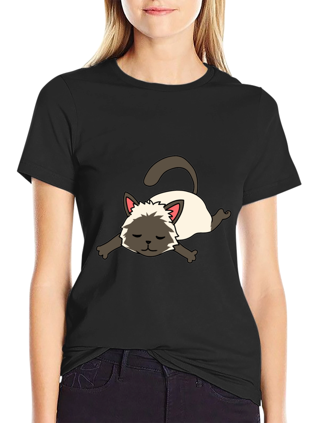 Black Cartoon Siamese Cat Unisex T-Shirt view 2