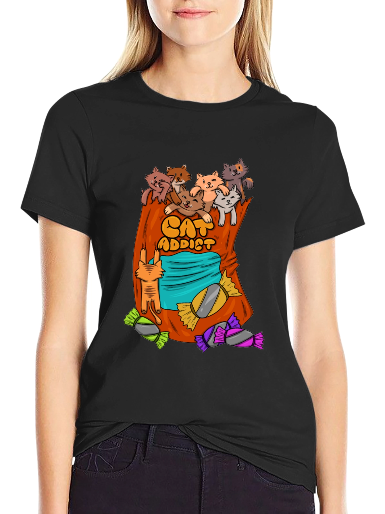 Black Cat Addict T-Shirt - Cartoon Cats & Candy! view 2