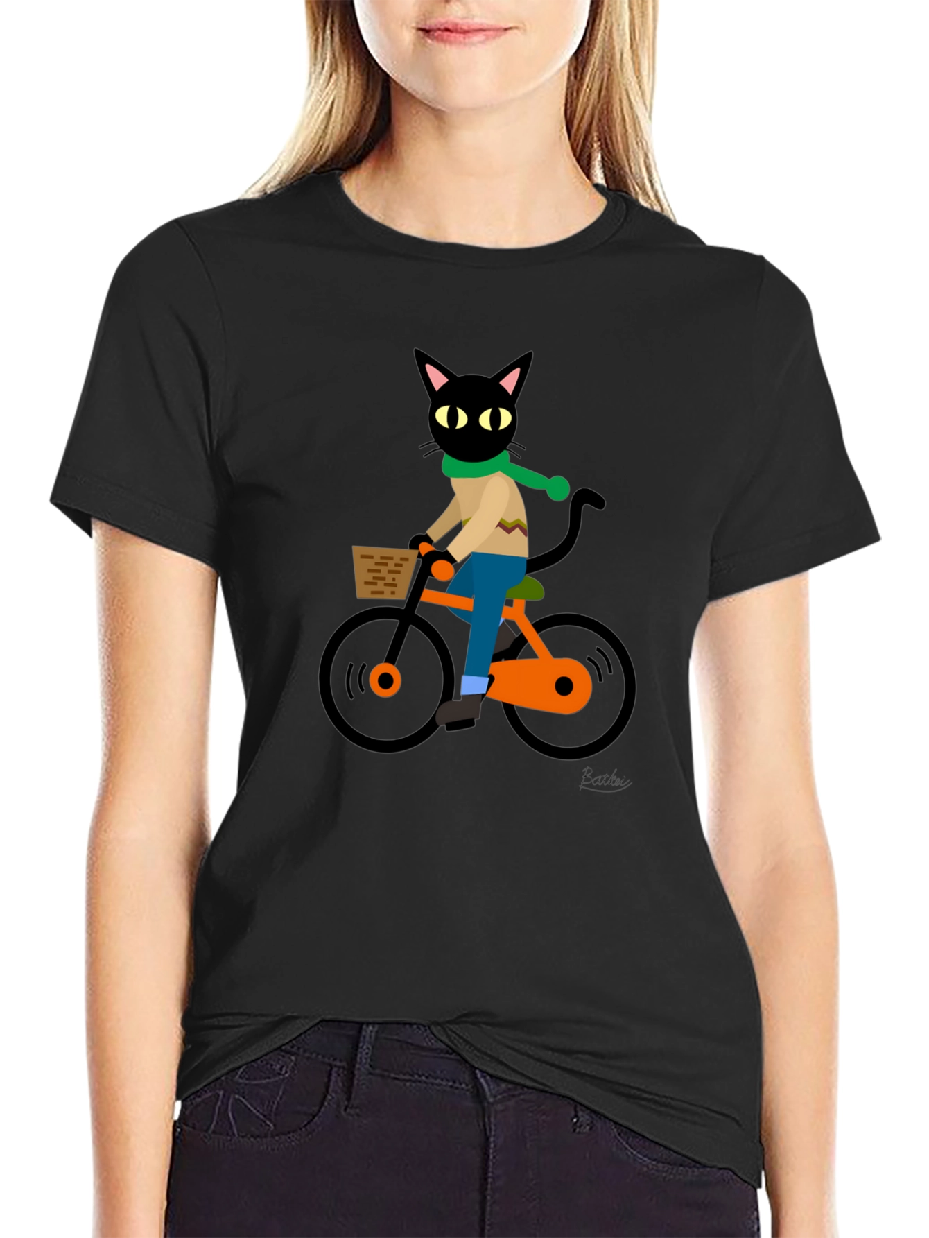 Black Cool Cat on Bike Graphic Tee - Black Cotton T-Shirt view 2