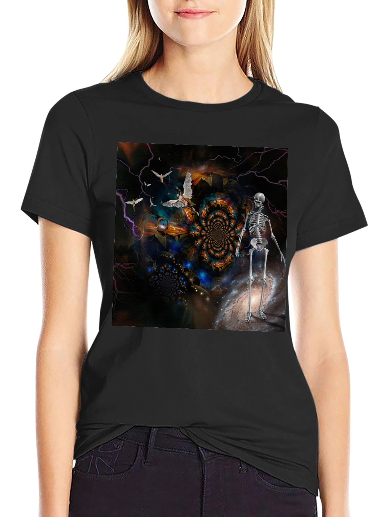 Black Surreal Skeleton Art T-Shirt view 2