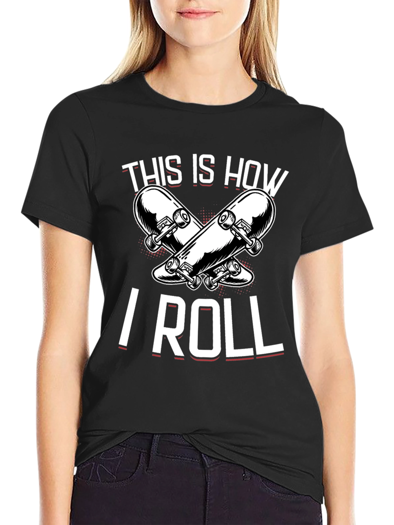 Black Skateboarder T-Shirt: "This Is How I Roll" Black Tee view 2