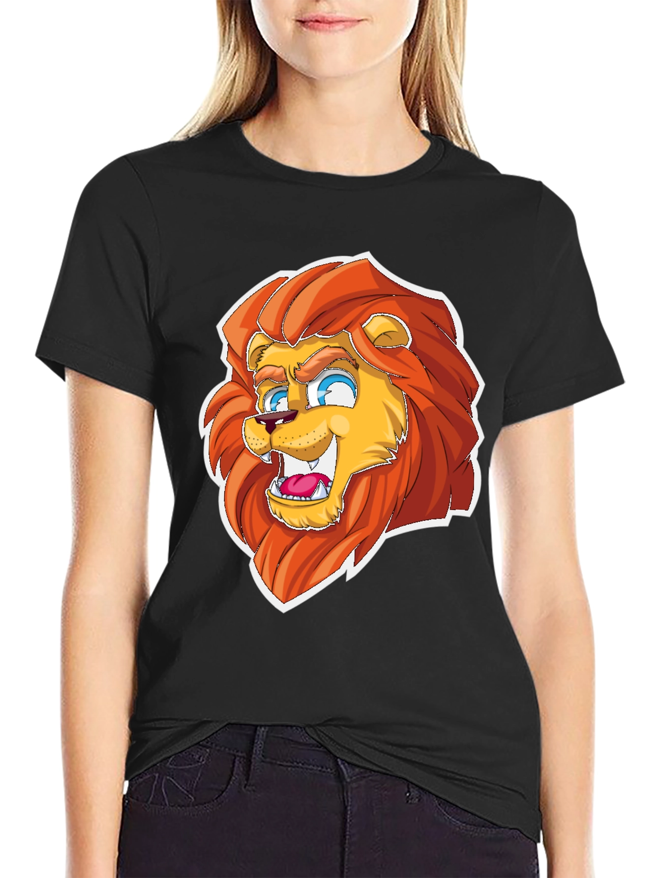 Black Cartoon Lion Graphic Tee - Black Cotton Blend view 2
