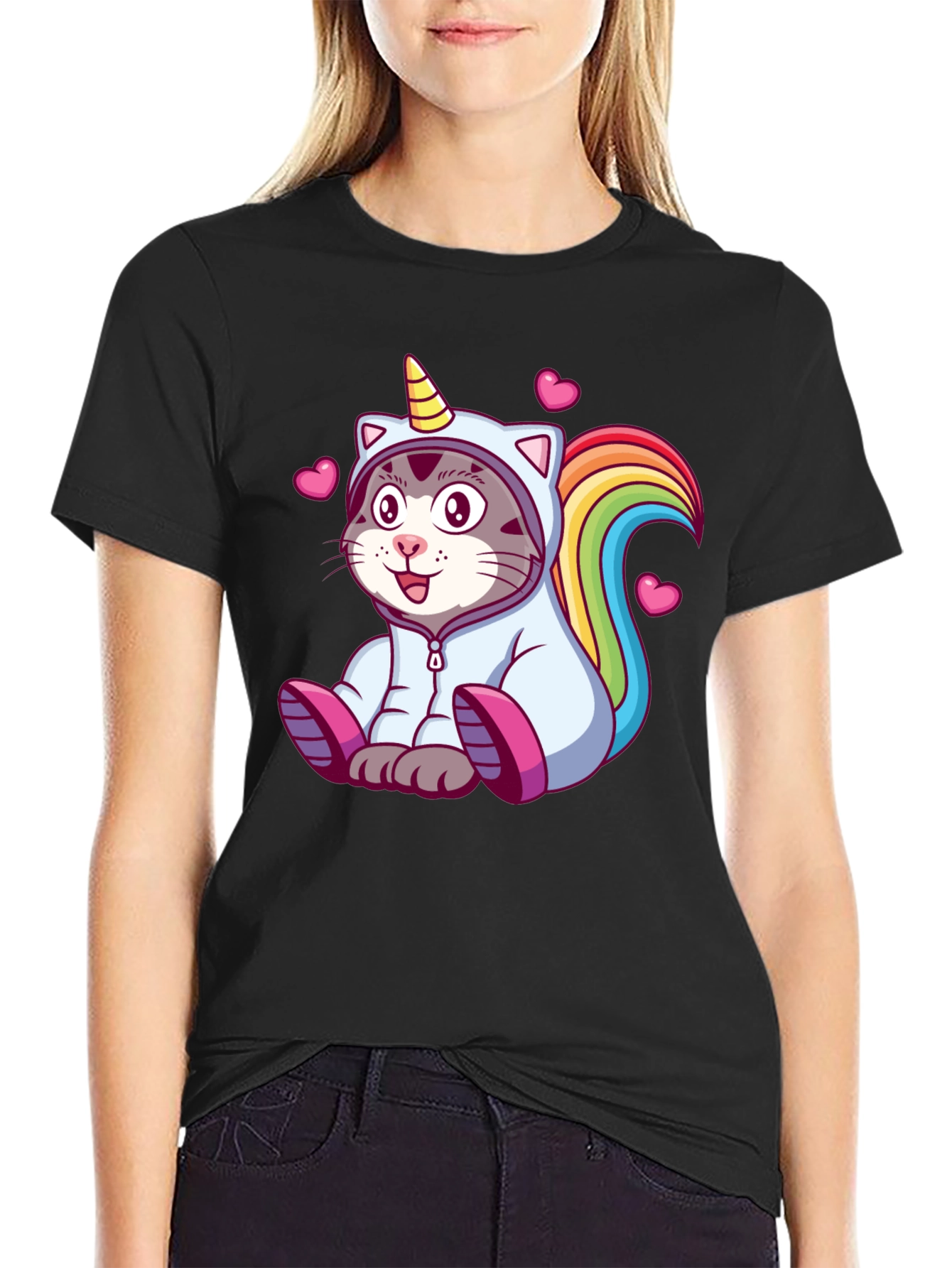 Black Unicorn Cat T-Shirt - Cute Cartoon Animal Tee view 2