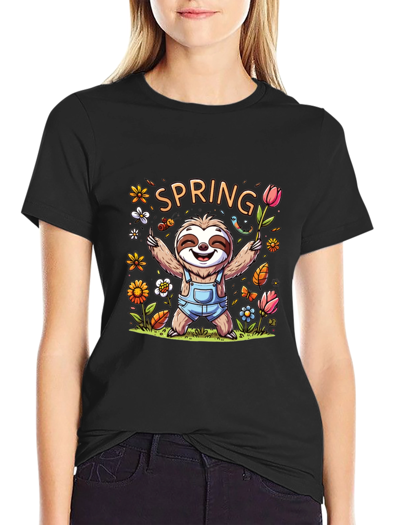 Black Spring Sloth Graphic Tee - Unisex Black T-Shirt view 2