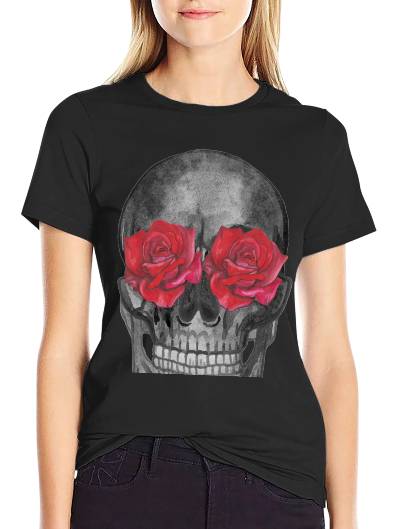 Black Skull & Roses Graphic Tee - Unique Design view 2