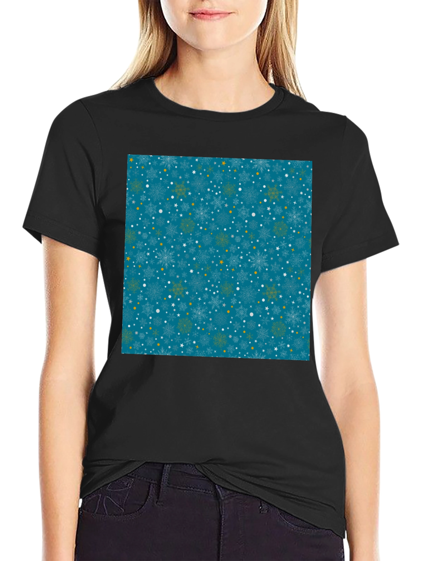Black Winter Snowflake Pattern Black T-Shirt view 2