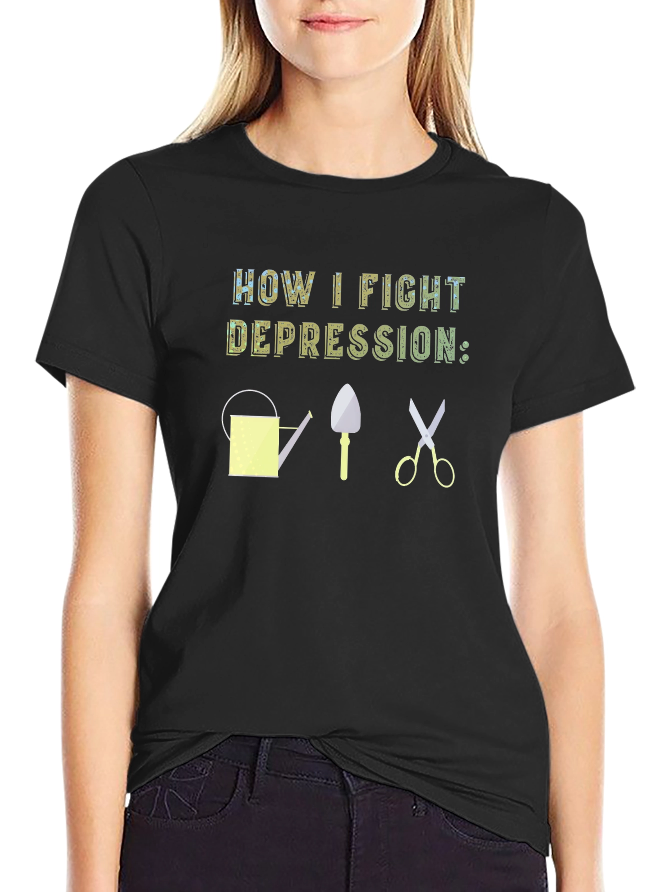 Black How I Fight Depression Gardening T-Shirt view 2