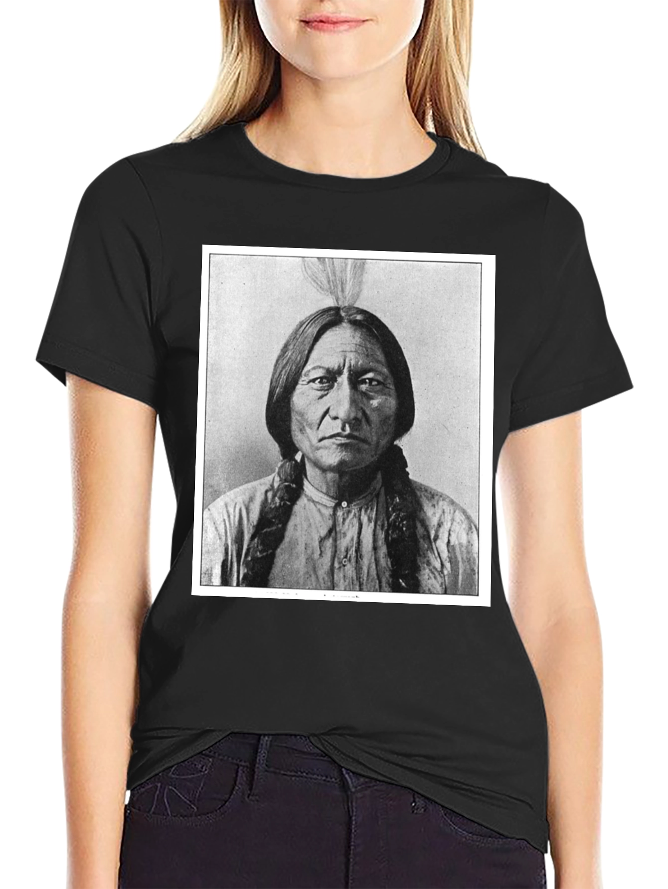 Black Sitting Bull Portrait T-Shirt - Black Cotton Tee view 2