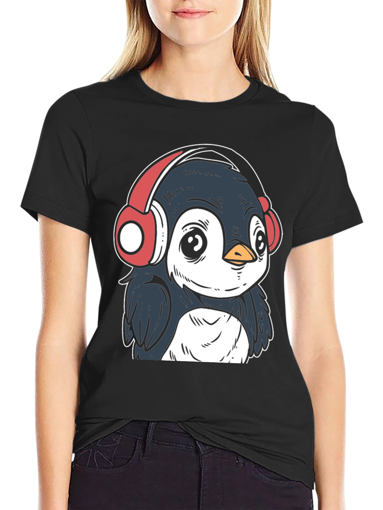 Black Penguin Headphones Graphic Tee - Cool Black T-Shirt view 2