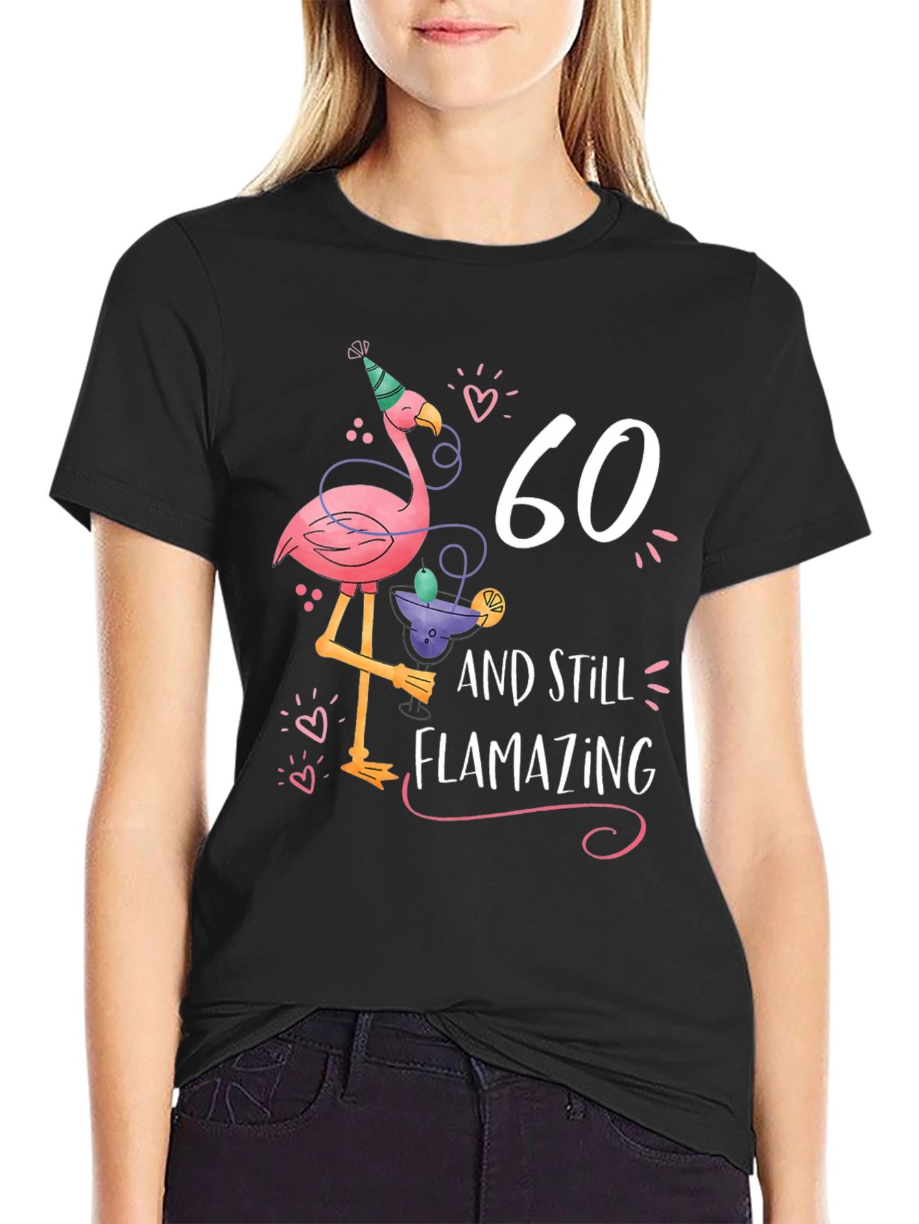 Black 60th Birthday Flamingo T-Shirt - Flamazing Gift Idea view 2