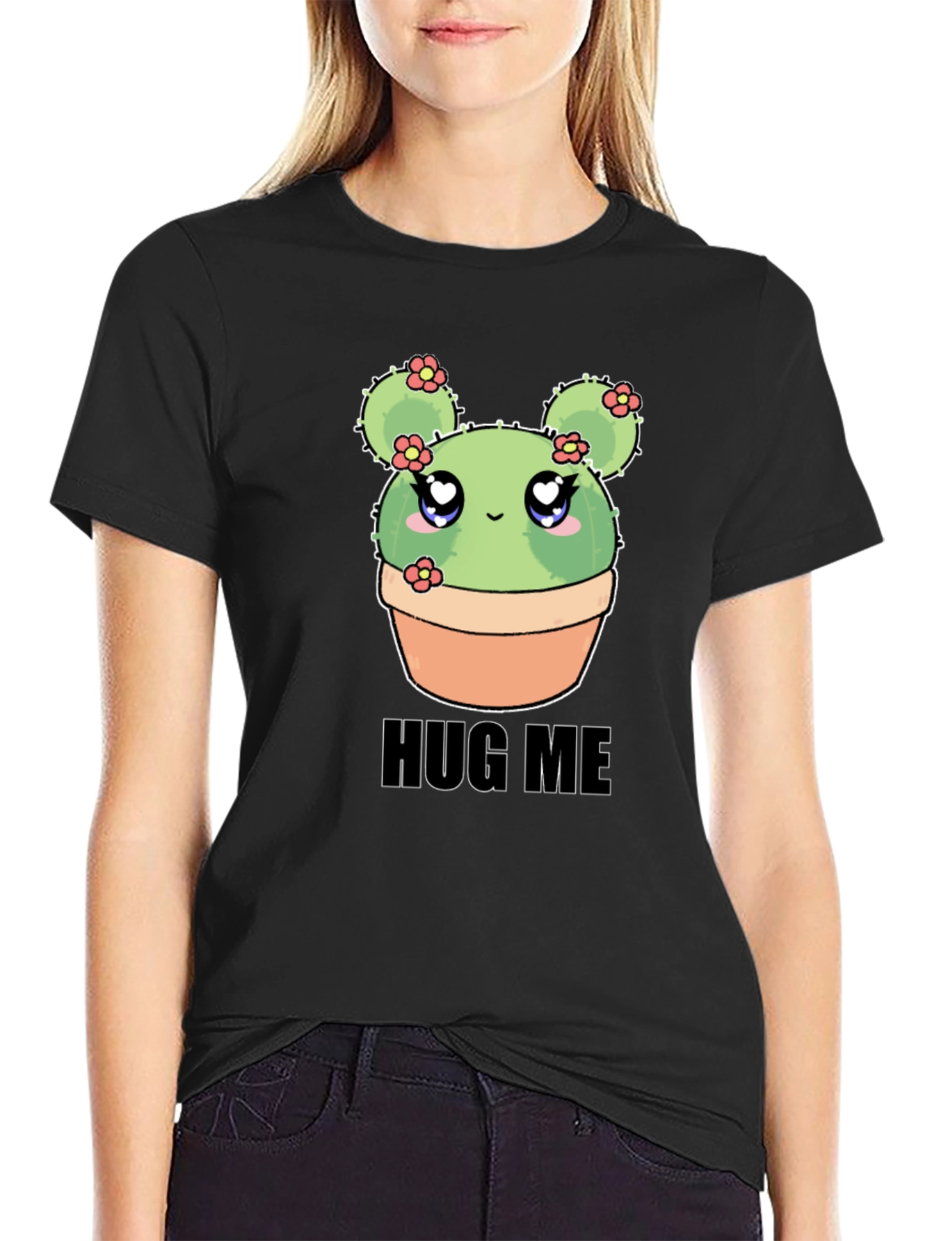 Black Cute Cactus Hug Me T-Shirt - Kawaii Plant Tee view 2