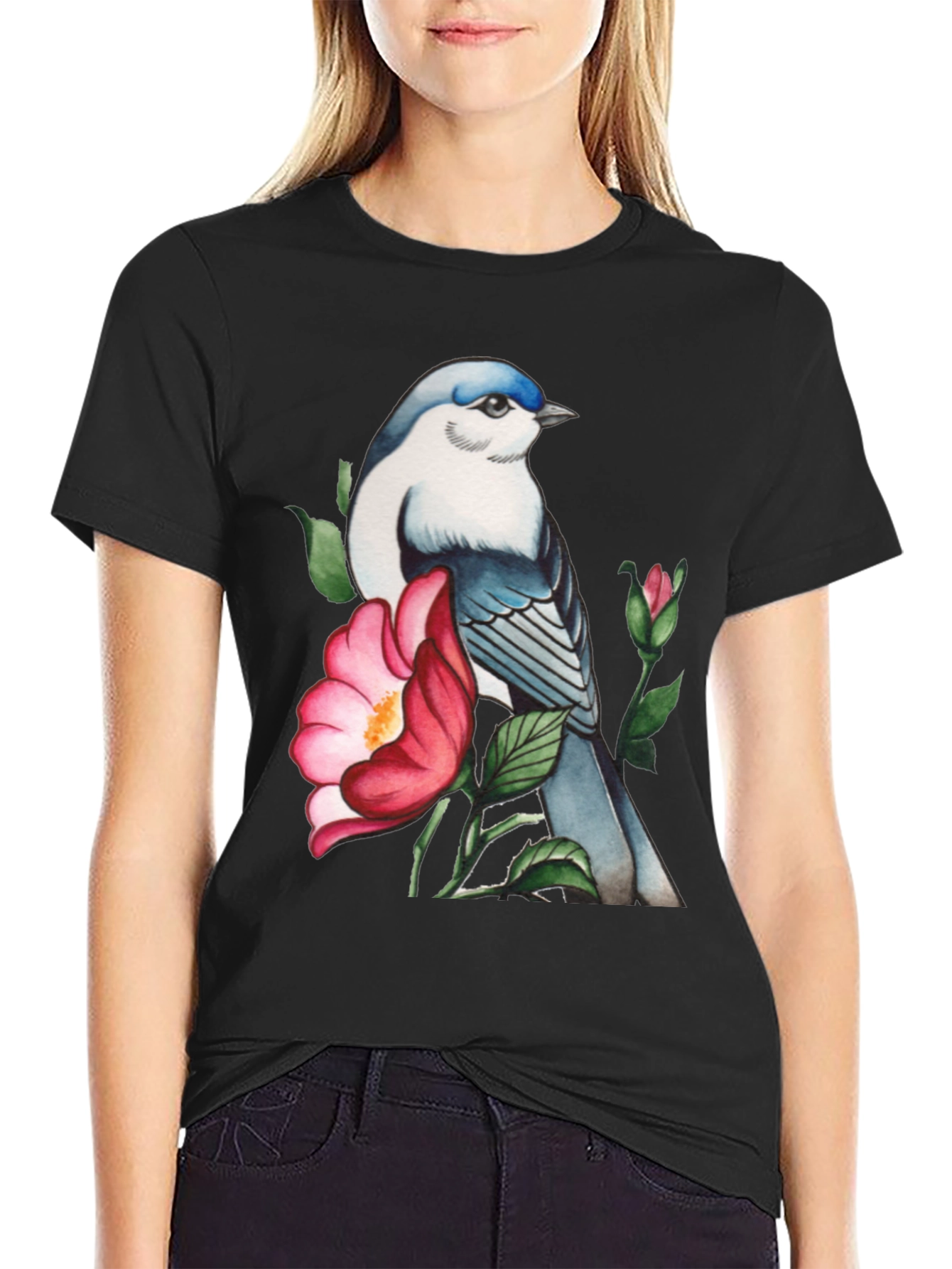 Black Bird and Blossom Graphic Tee - Stylish Nature Design view 2