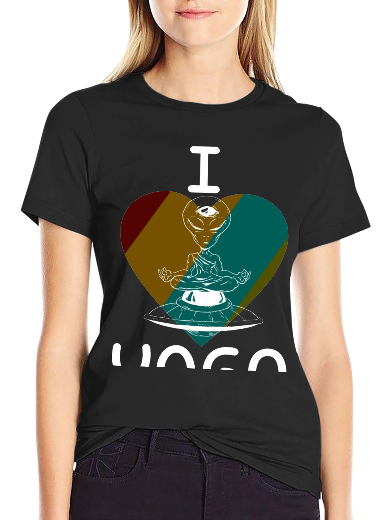 Black I Love Yoga Alien UFO Graphic Tee - Meditating in Space! view 2