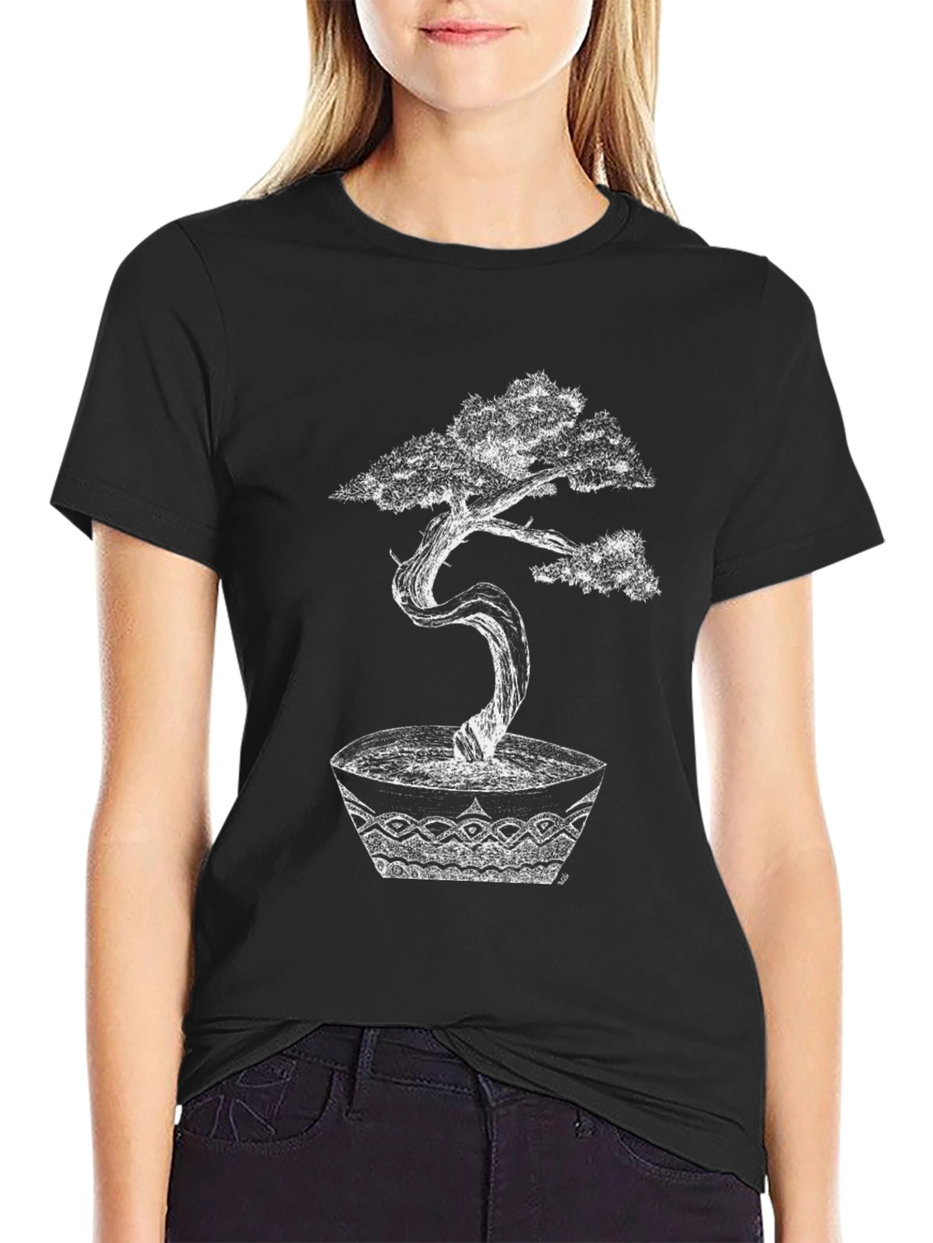 Black Bonsai Tree Graphic Tee - Artistic Black T-Shirt view 2