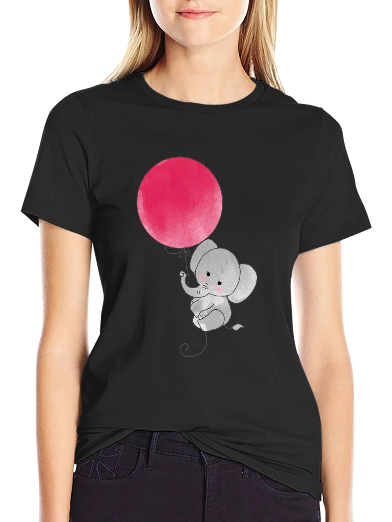 Black Cute Elephant with Balloon Graphic T-Shirt view 2