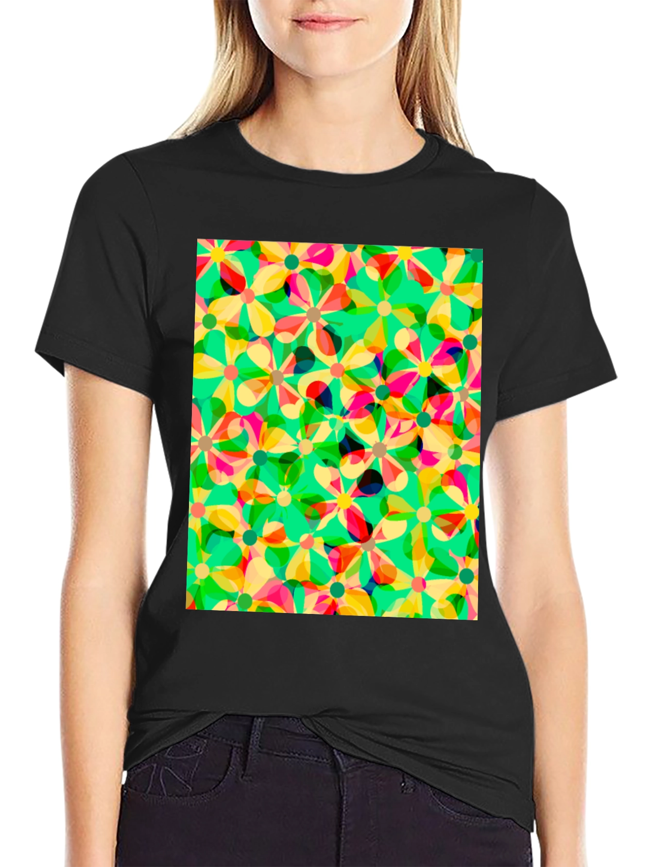 Black Floral Pattern Tee - Vibrant & Unique Design view 2