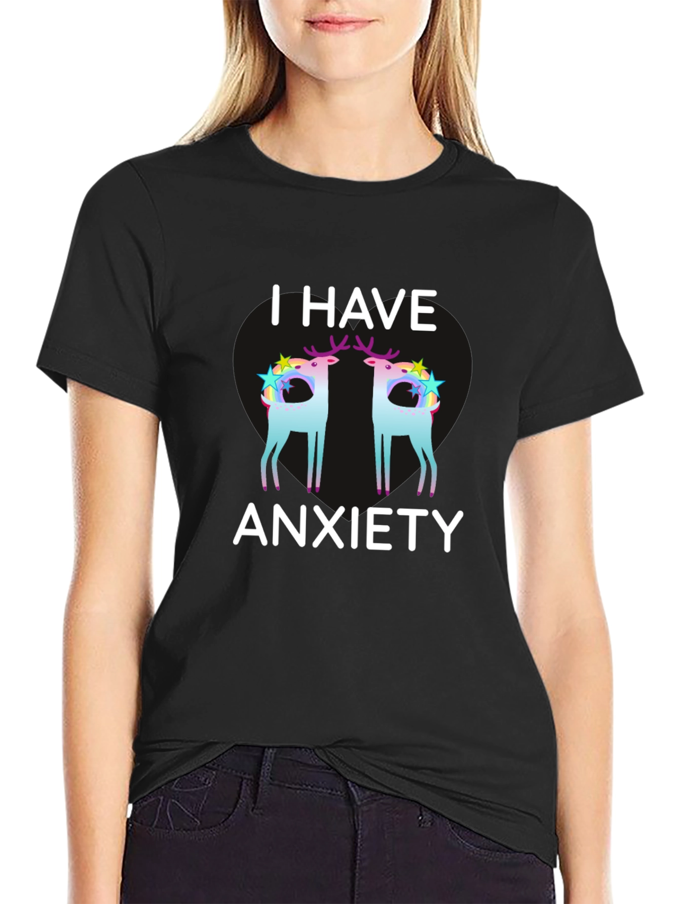 Black Anxiety Deer Graphic Tee - Black Unisex T-Shirt view 2