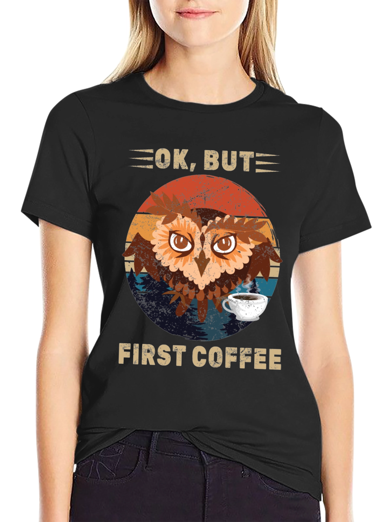 Black Ok, But First Coffee Owl T-Shirt view 2