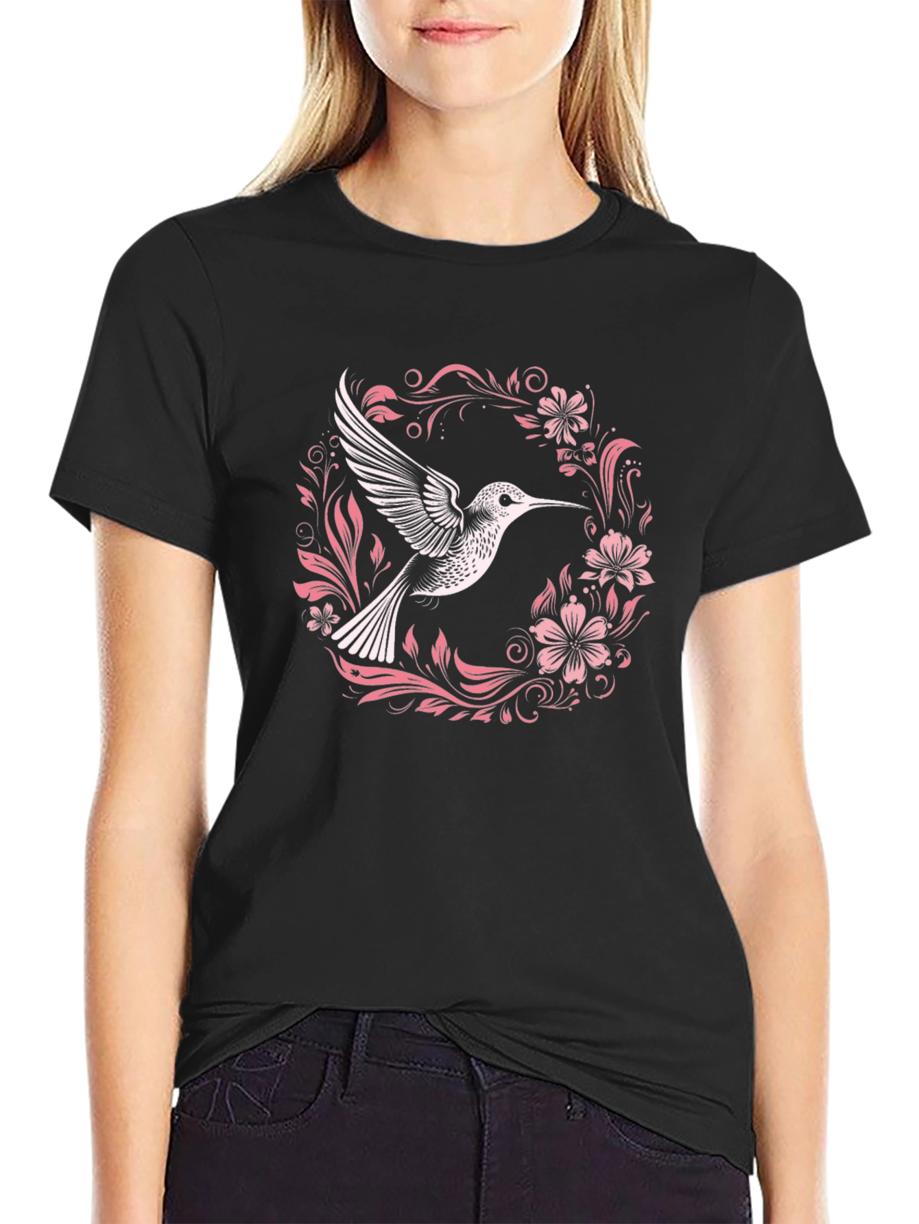 Black Hummingbird Floral Graphic Black T-Shirt view 2