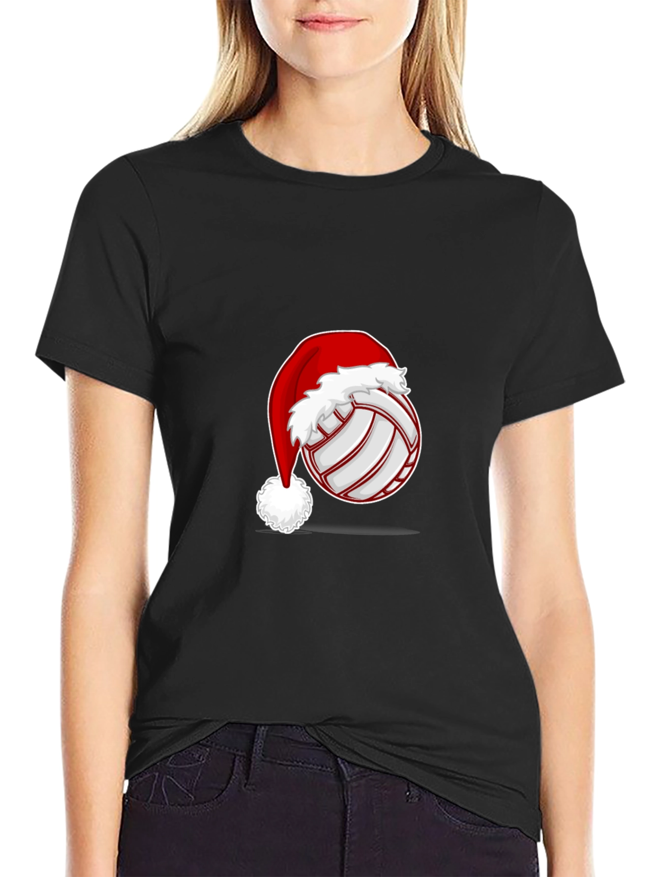 Black Volleyball Santa Hat Graphic Tee view 2
