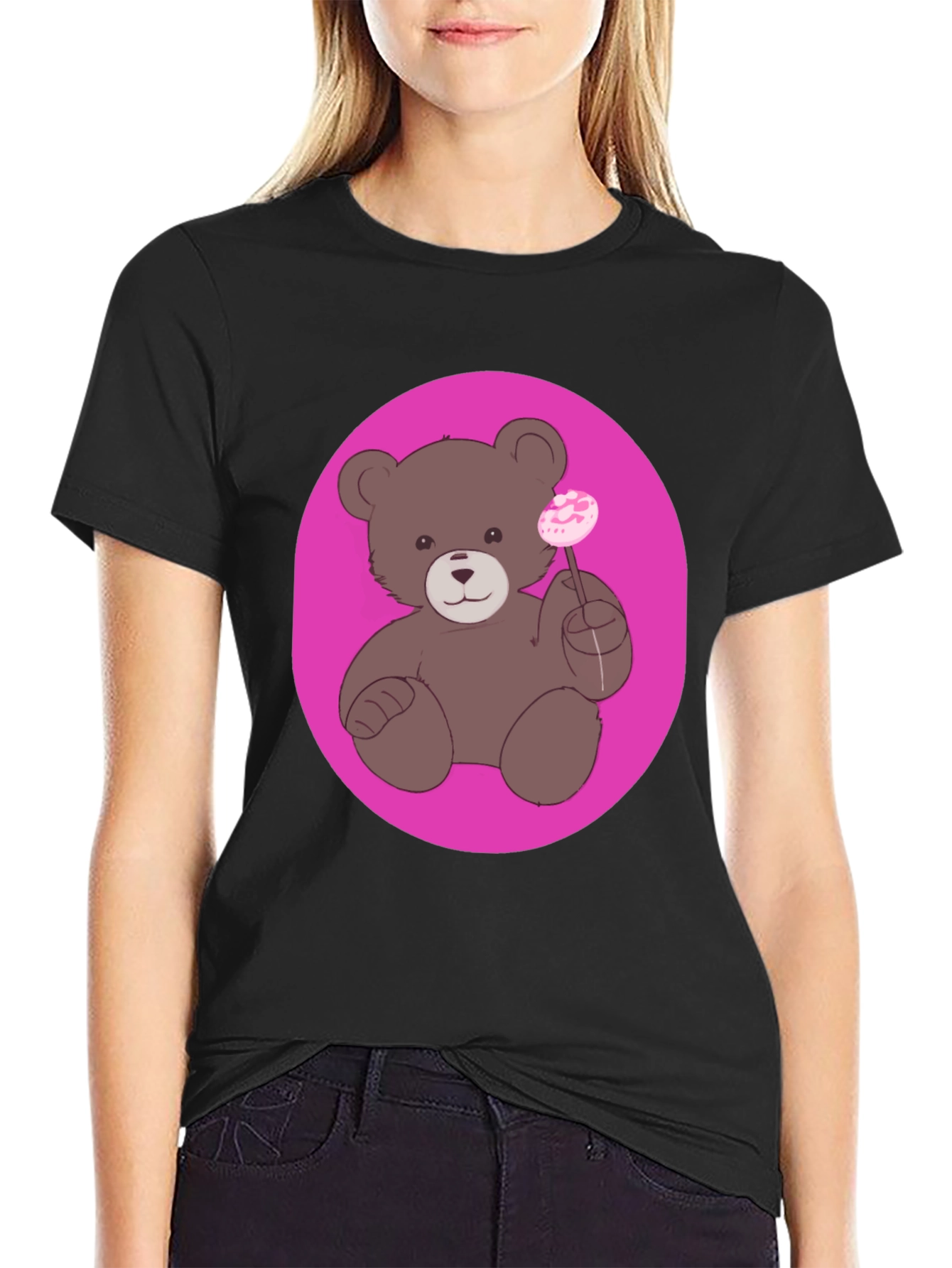Black Cute Teddy Bear Lollipop Graphic Tee - Unisex view 2
