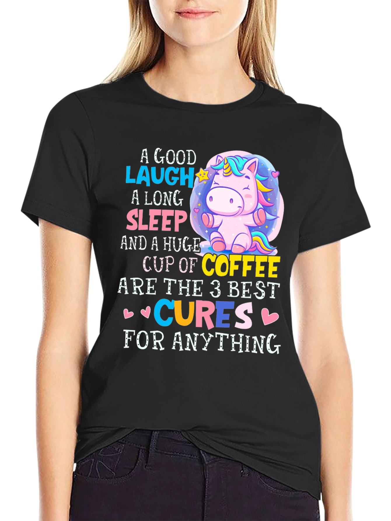 Black Funny Unicorn Coffee Cures T-Shirt view 2