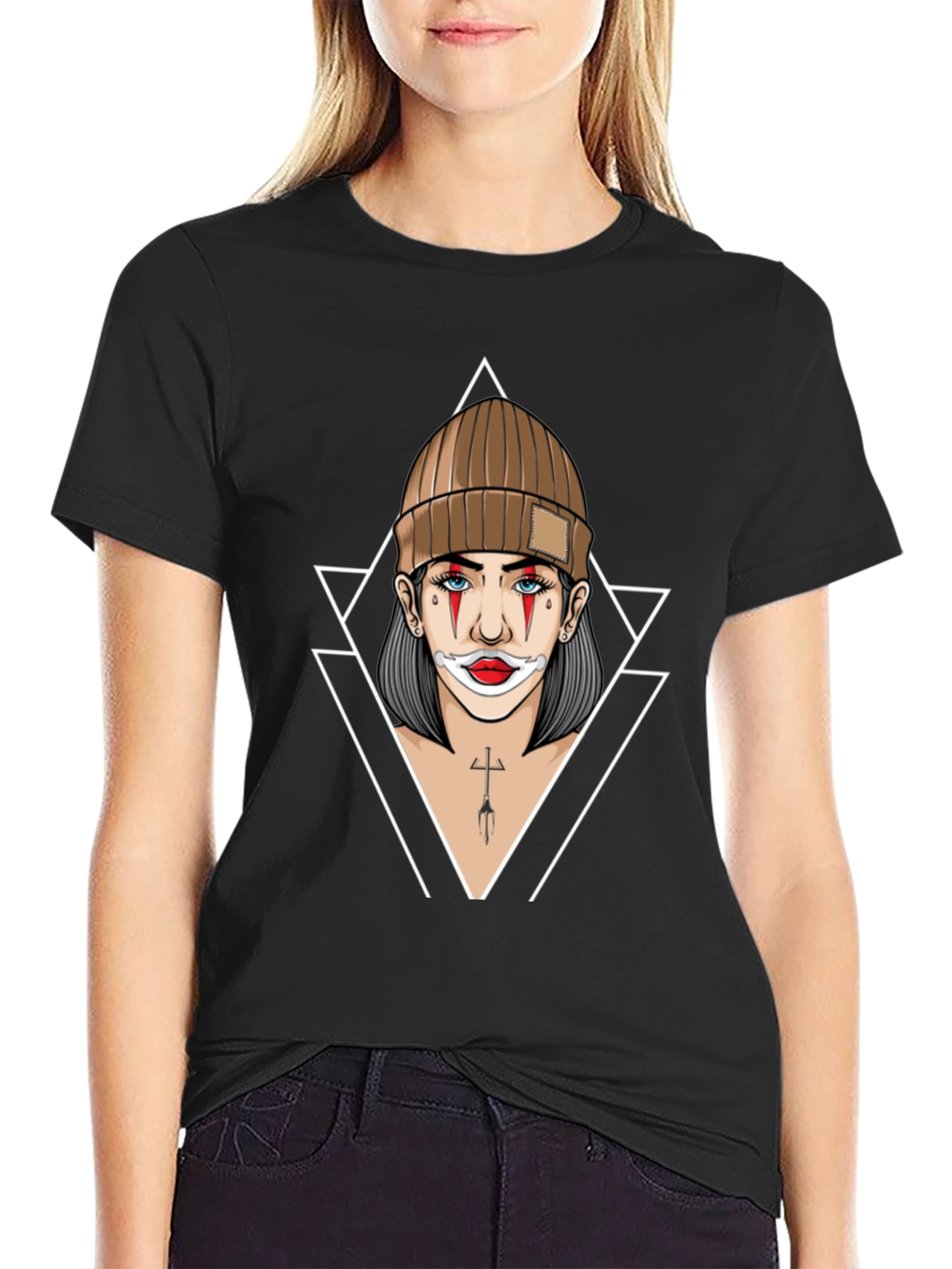 Black Clown Girl Graphic Print Black T-Shirt view 2