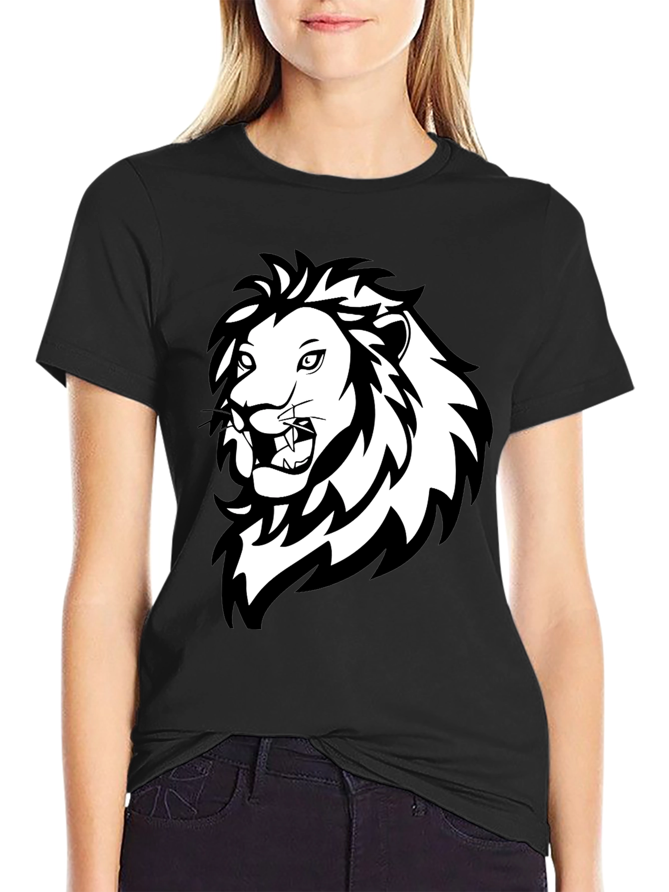 Black Bold Lion Graphic Tee - Black Cotton Crew Neck T-Shirt view 2