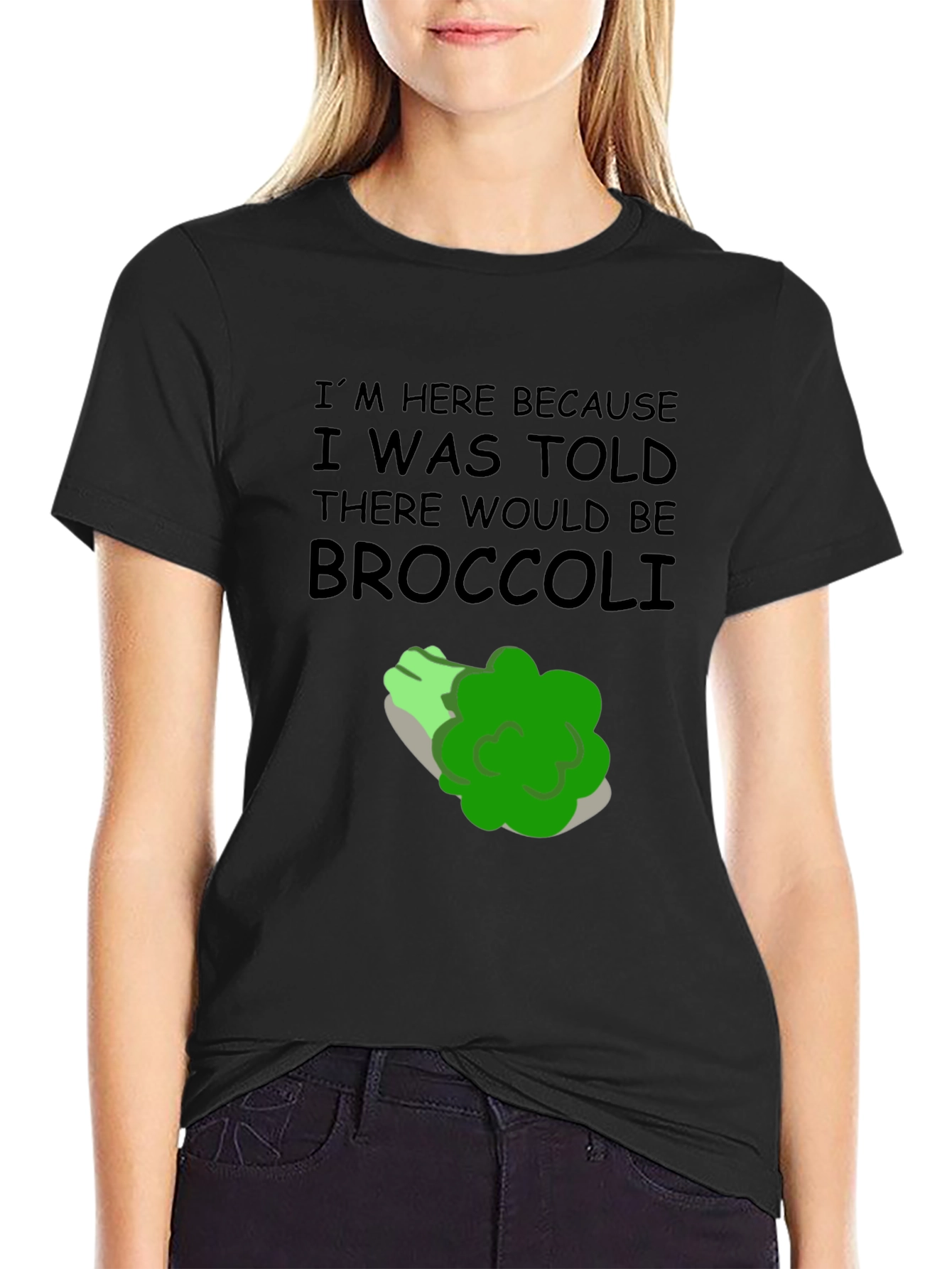 Black Broccoli T-Shirt: I'm Here Because Broccoli Humor view 2