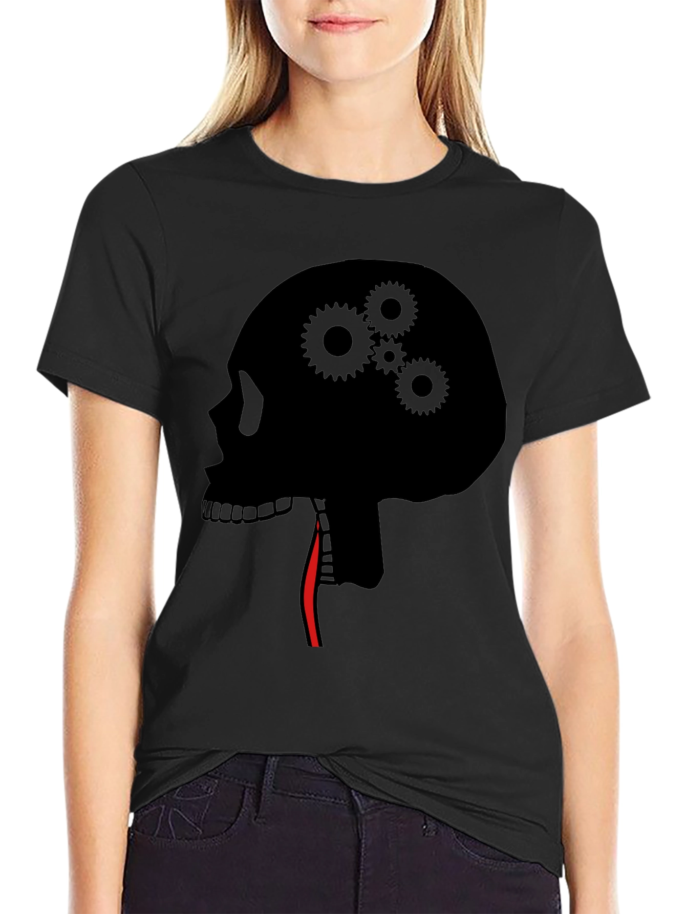 Black Gear Head Skull Tee - Black Graphic T-Shirt view 2