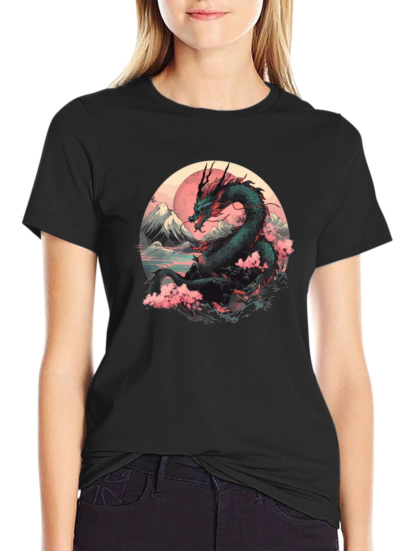Black Dragon & Sakura Blossom Graphic Black T-Shirt view 2
