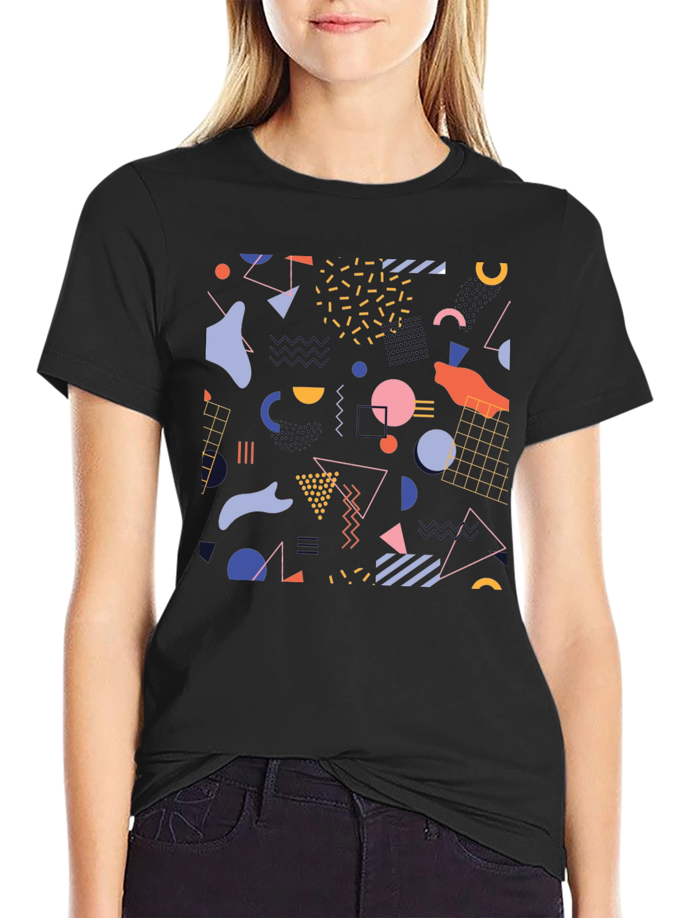 Black Retro Geometric Pattern Black T-Shirt view 2
