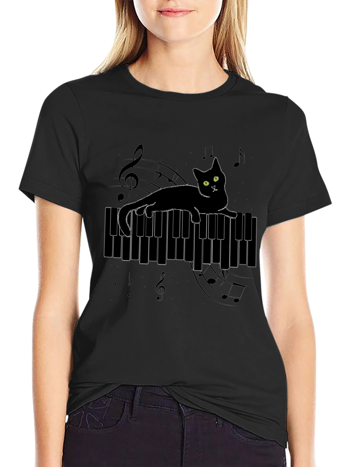 Black Cat on Piano T-Shirt view 2