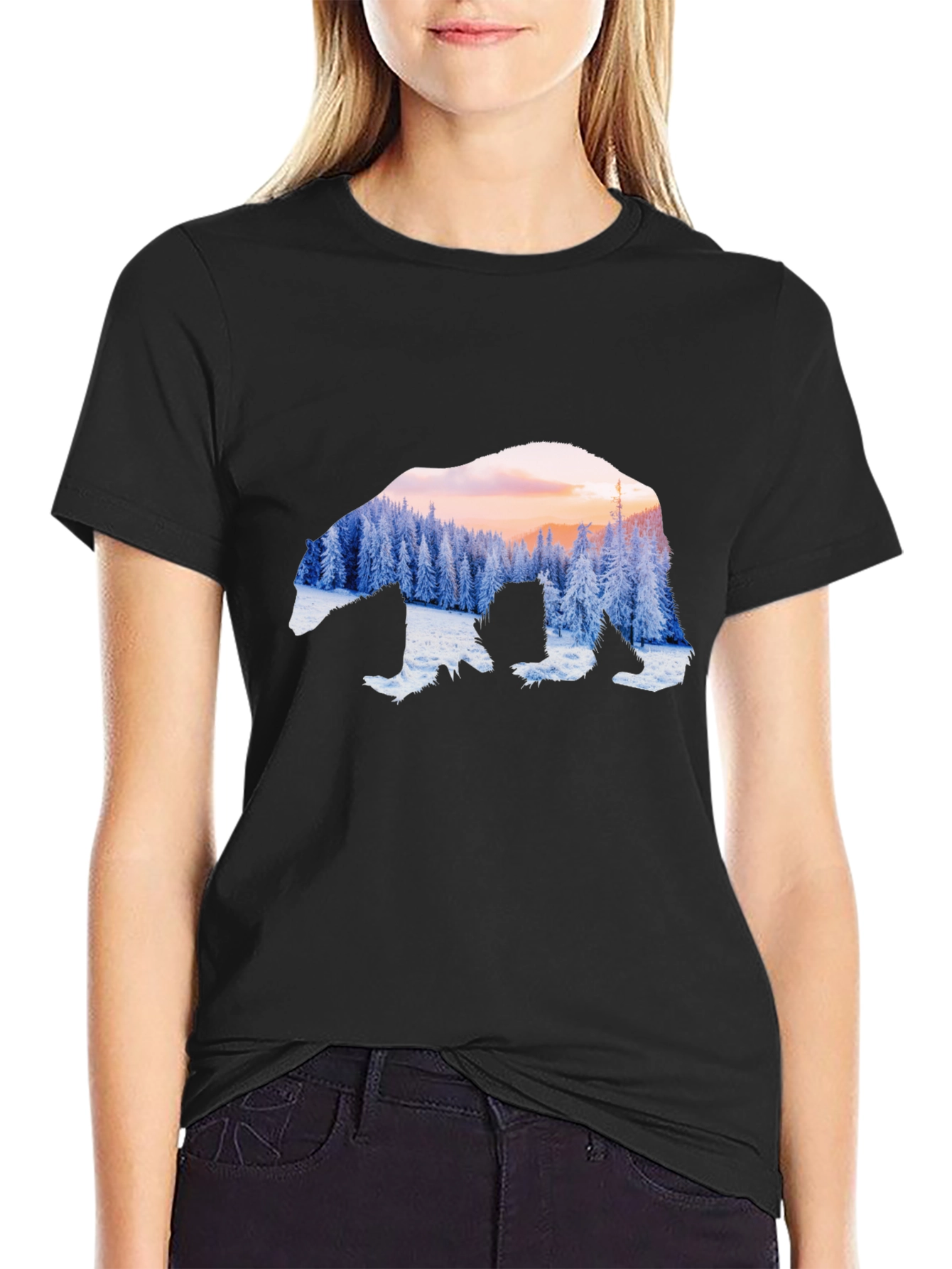 Black Bear Silhouette Winter Forest Graphic Tee view 2