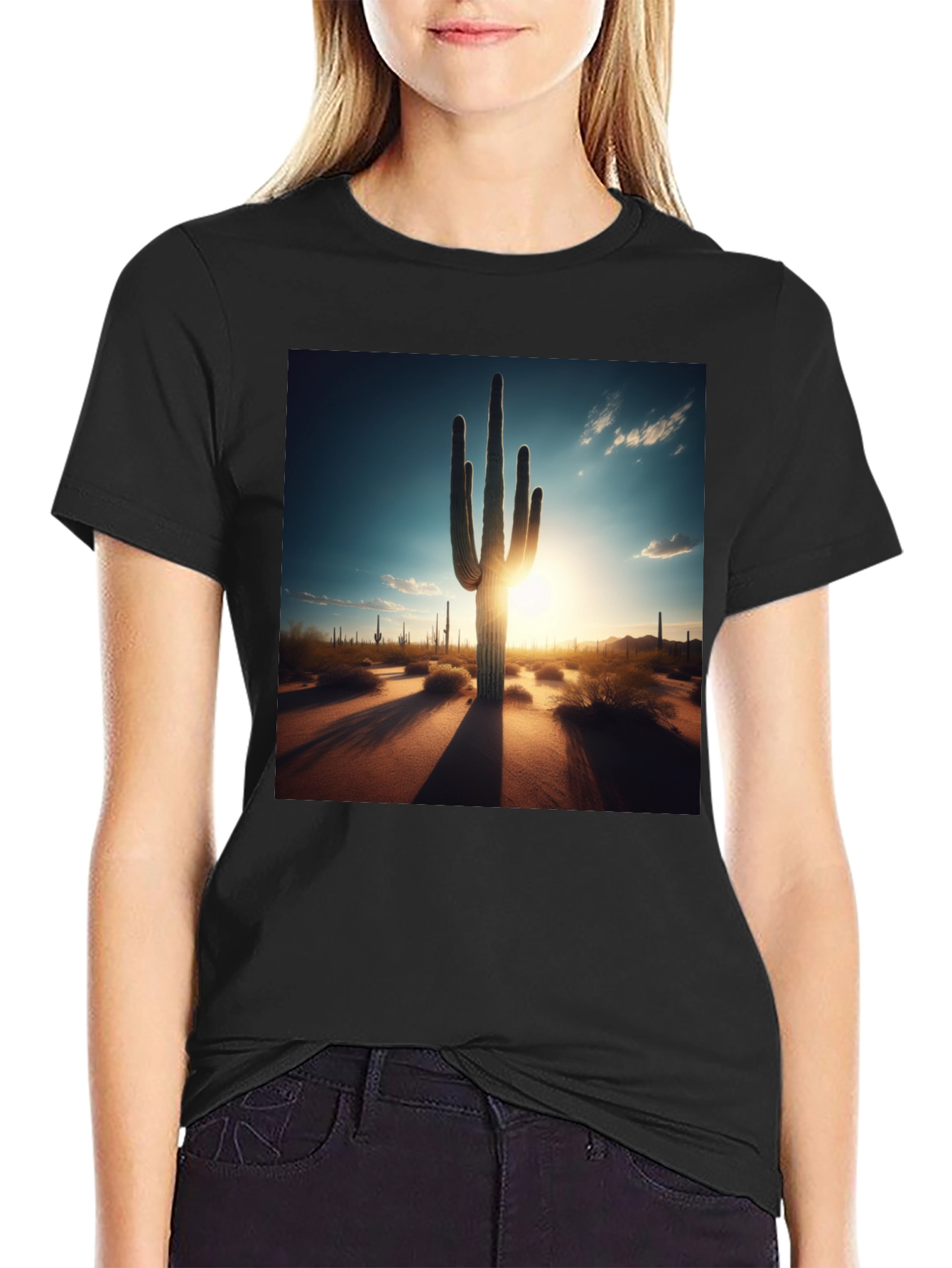 Black Desert Sunset Cactus Graphic Tee - Black Cotton T-Shirt view 2