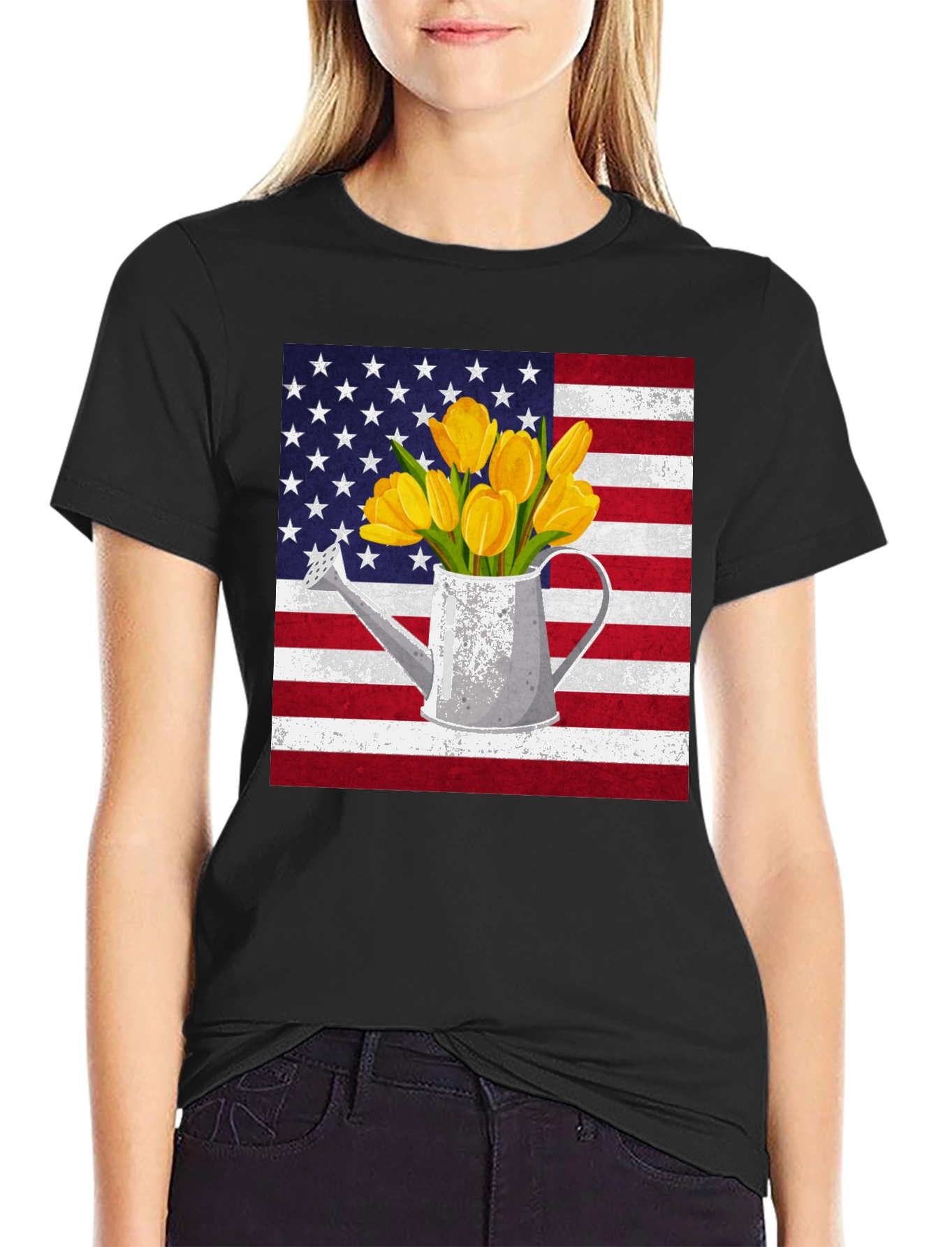 Black American Flag Tulips Watering Can Graphic Tee view 2