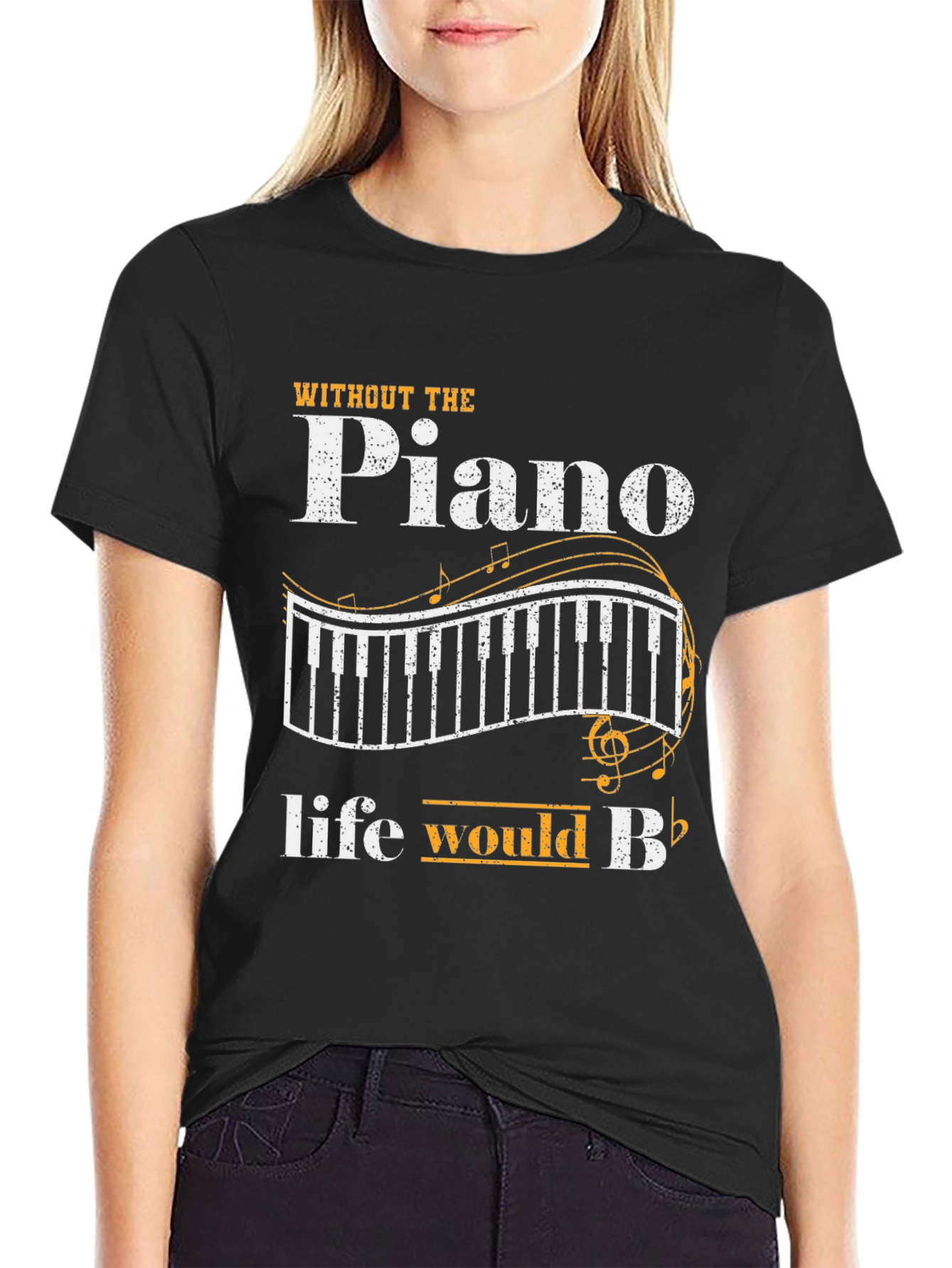 Black Piano Music Lover Black T-Shirt - Life Would Be Flat! view 2