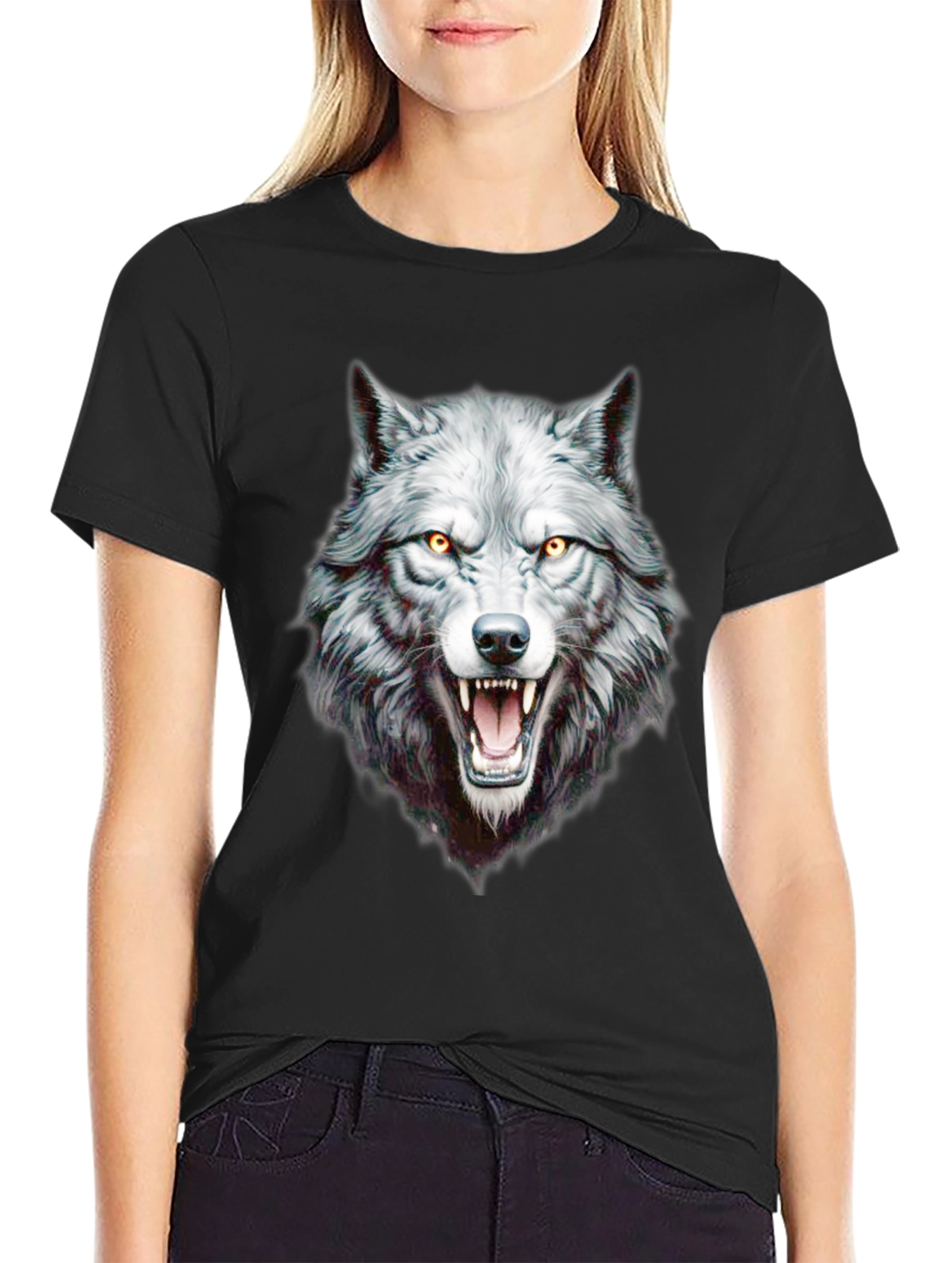 Black Wolf Graphic Print Crew Neck Black T-Shirt view 2