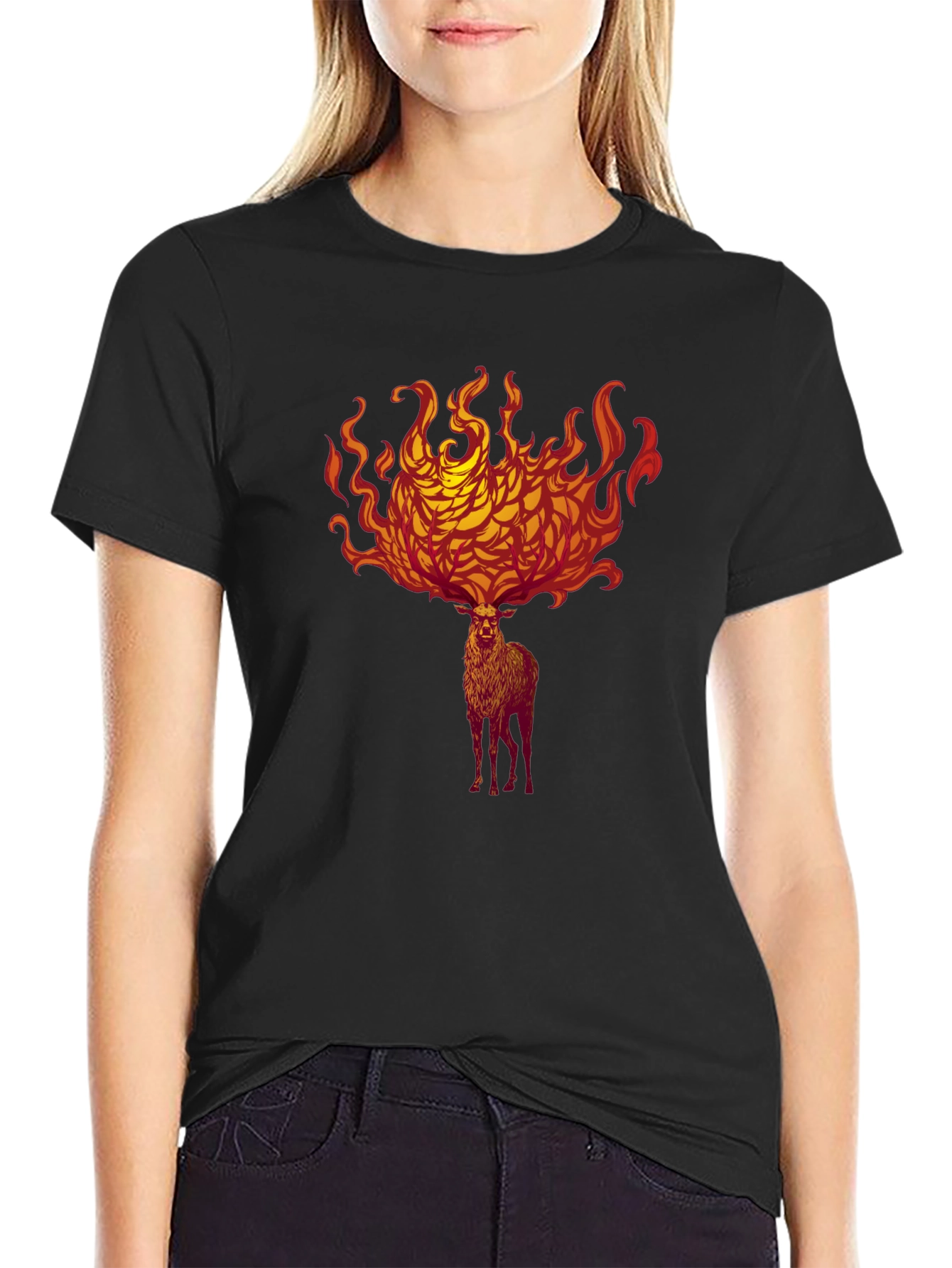 Black Fiery Stag Graphic Tee - Bold Statement Shirt view 2