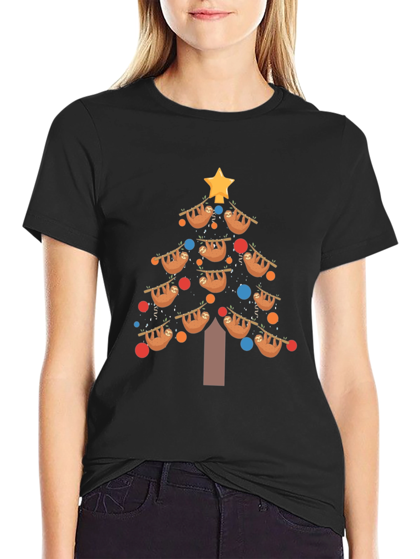 Black Festive Sloth Christmas Tree T-Shirt view 2