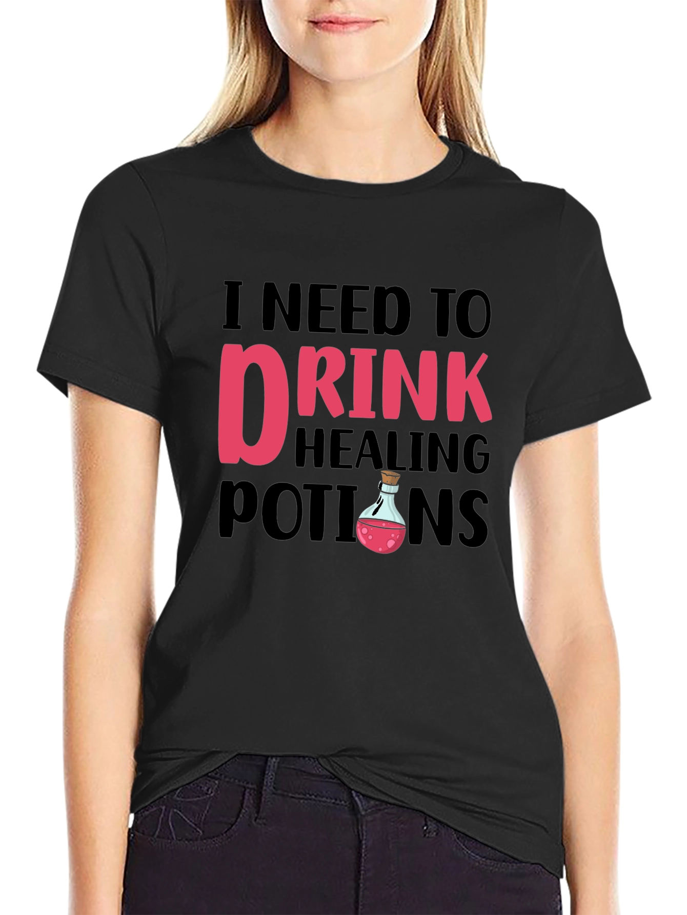 Black Funny 'I Need To Drink Healing Potions' Black T-Shirt view 2