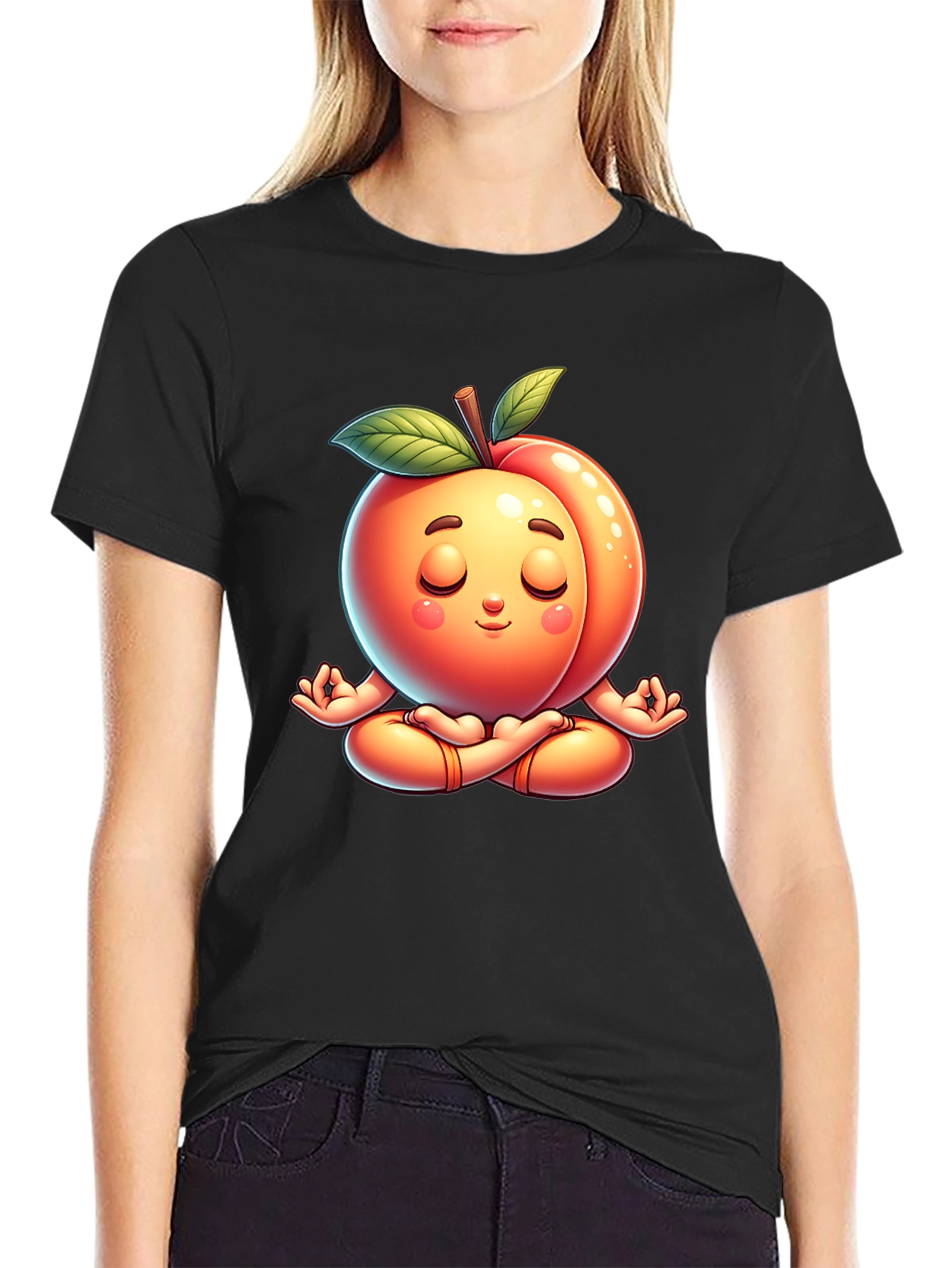 Black Funny Peach Meditating Yoga Black T-Shirt view 2