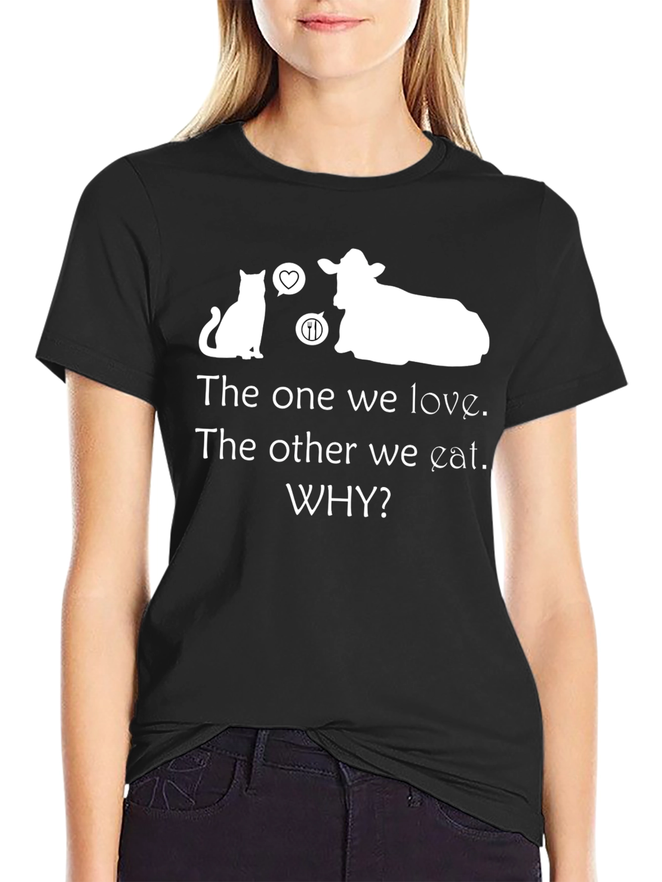 Black Vegan T-Shirt: Love Cats, Not Cows view 2