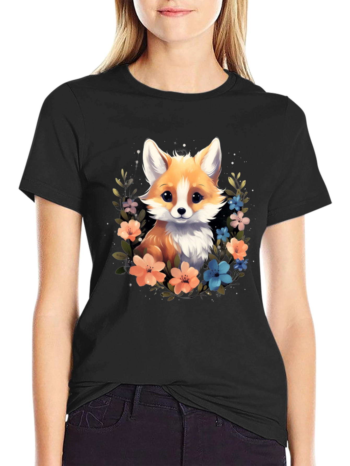 Black Cute Fox Floral Black T-Shirt view 2