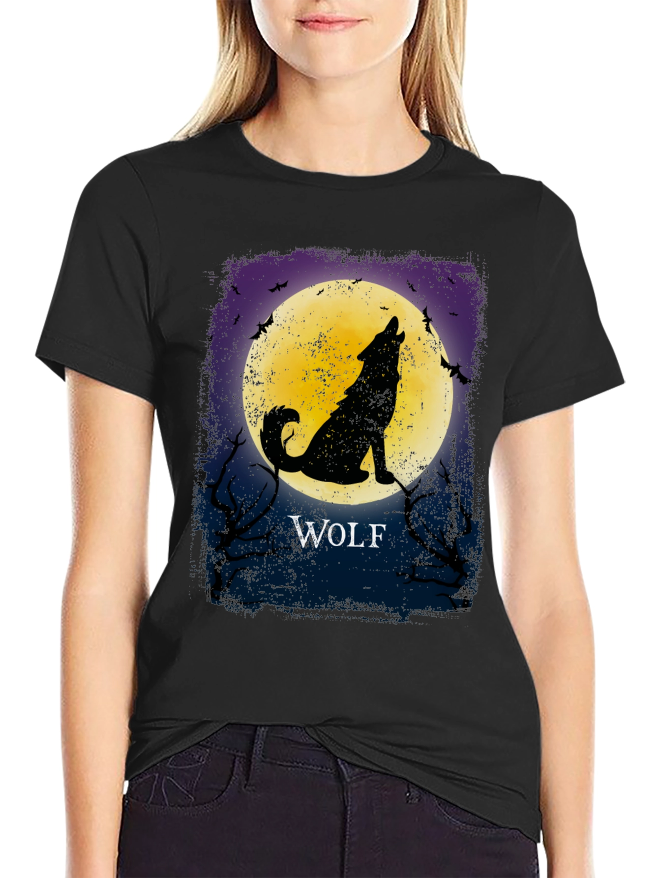 Black Wolf Howling at Moon Graphic T-Shirt view 2
