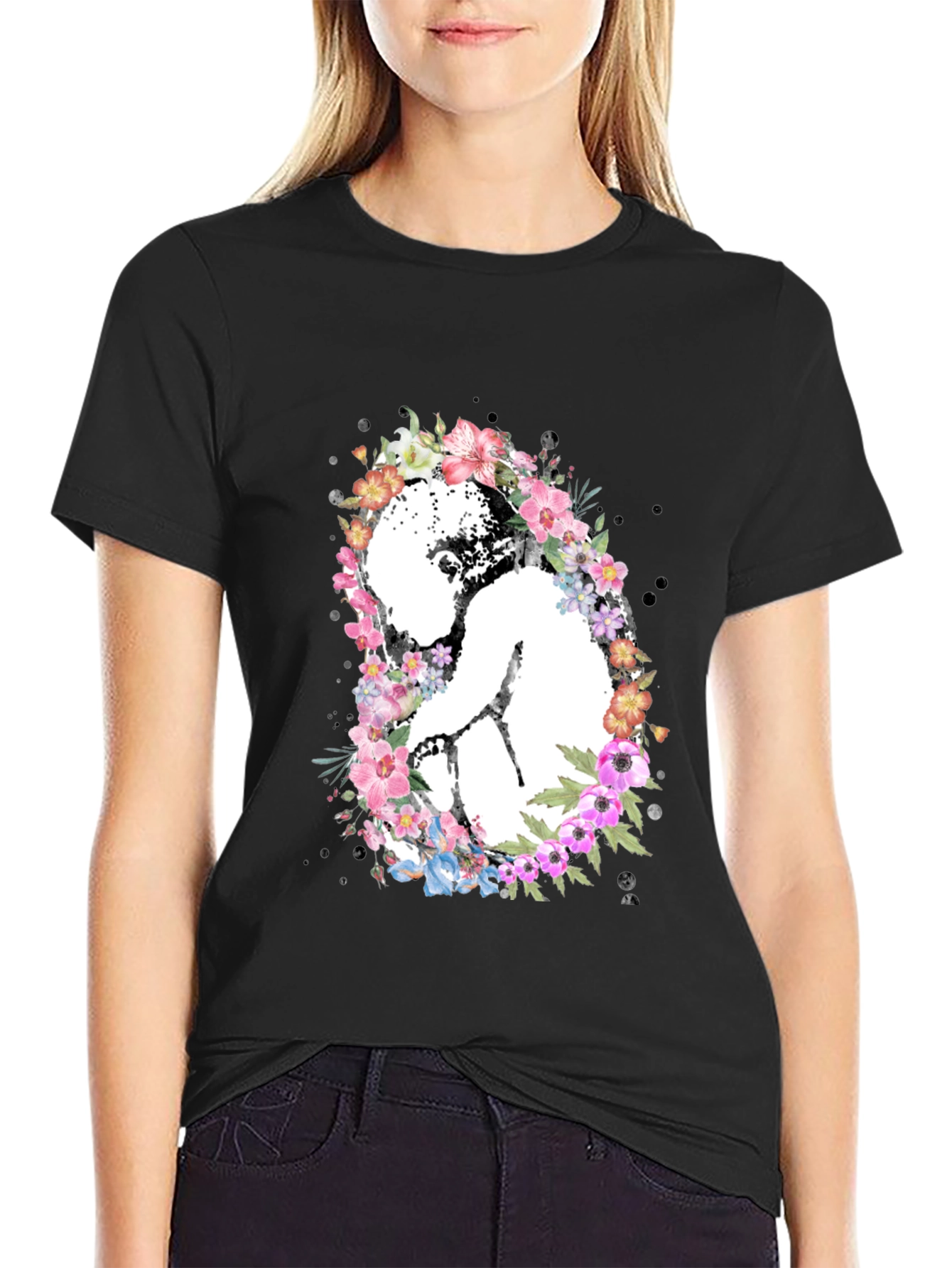 Black Floral Embryo Graphic Tee - Black Unisex T-Shirt view 2