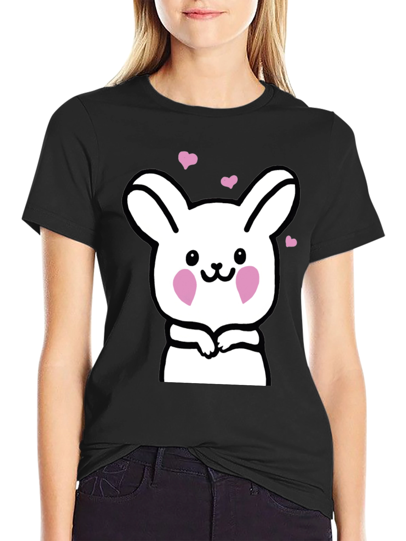 Black Cute Bunny Graphic Black T-Shirt view 2