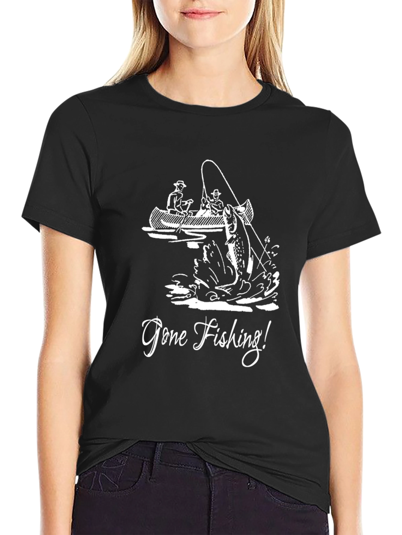Black Gone Fishing Graphic Tee - Black Cotton T-Shirt view 2