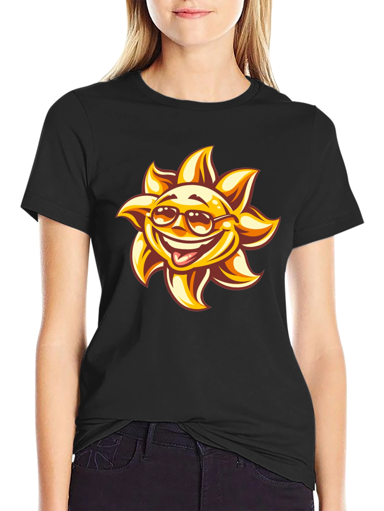 Black Smiling Sun Graphic Black T-Shirt view 2
